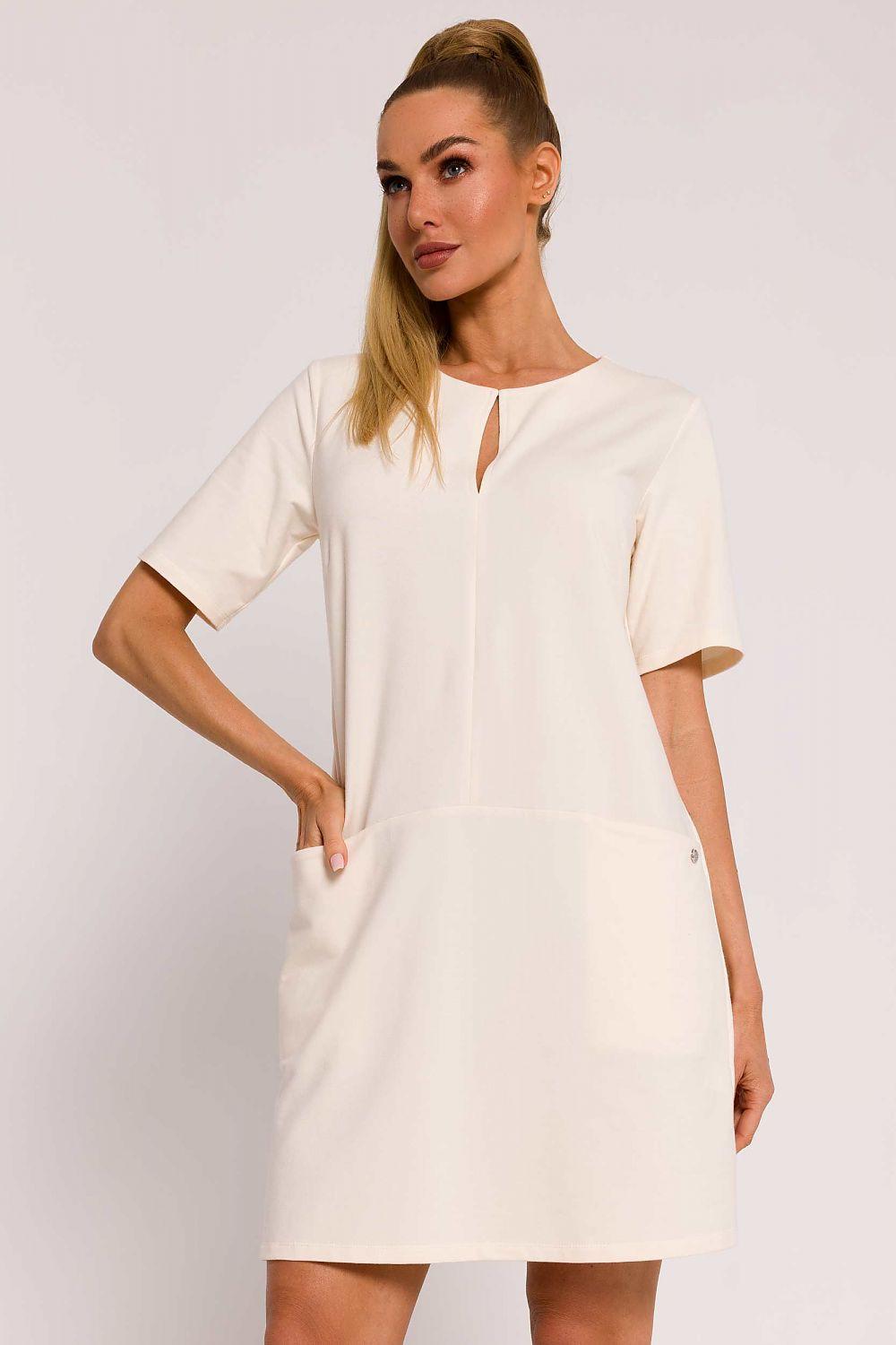White short-sleeve daydress with keyhole V neckline and straight above-knee cut