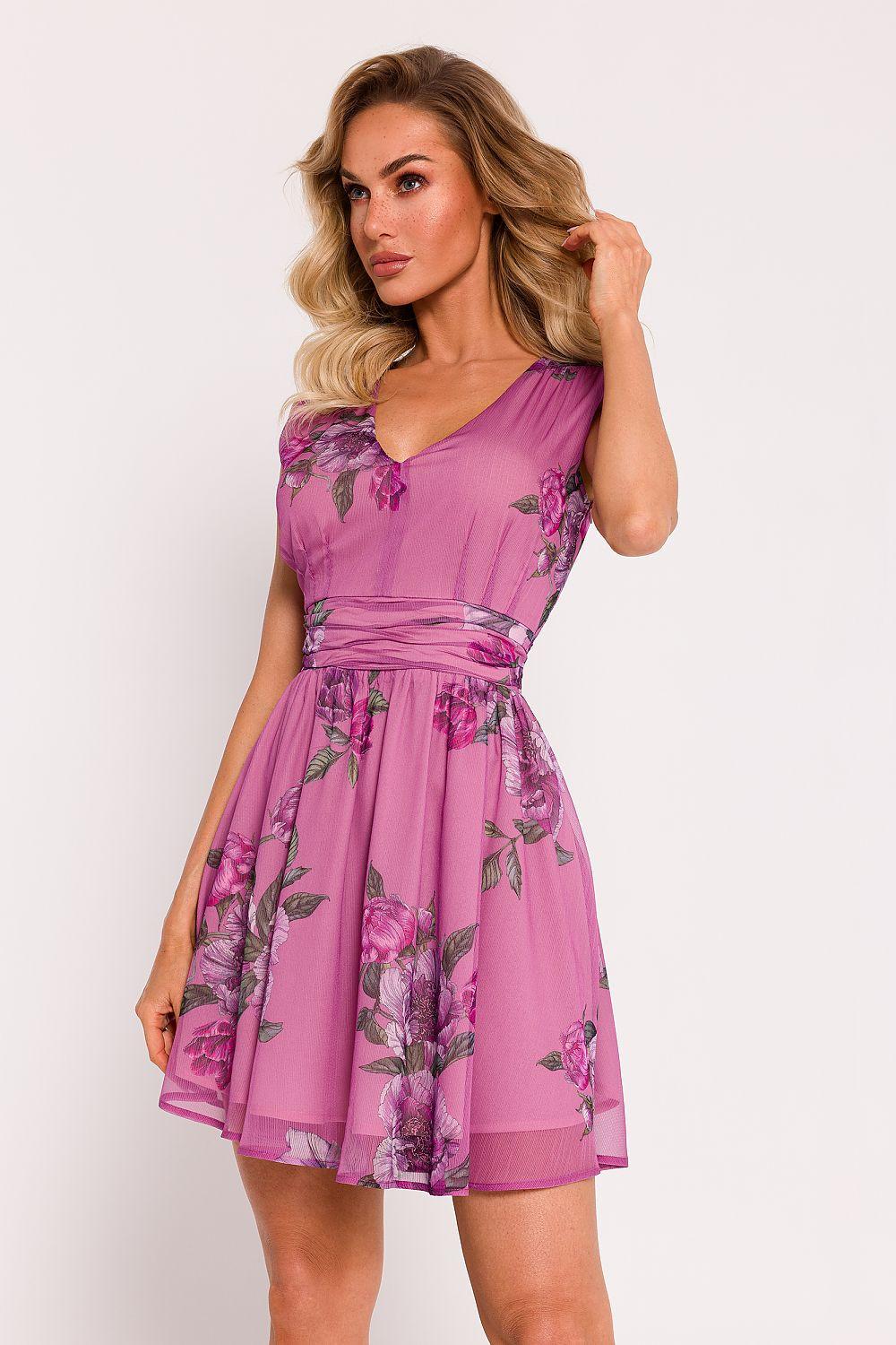Purple sleeveless daydress with V-neck and pink floral print, ruched waist, short flared skirt