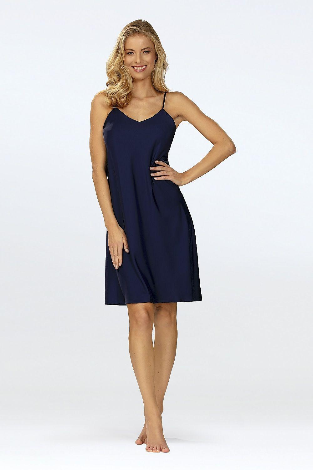Navy blue V-neck nightwear slip with thin adjustable straps and short hem