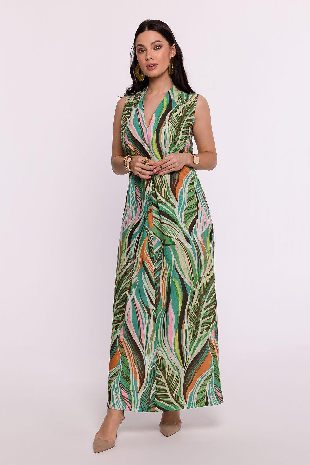 Multicolor leaf-print sleeveless maxi daydress, V-neck, tie waist