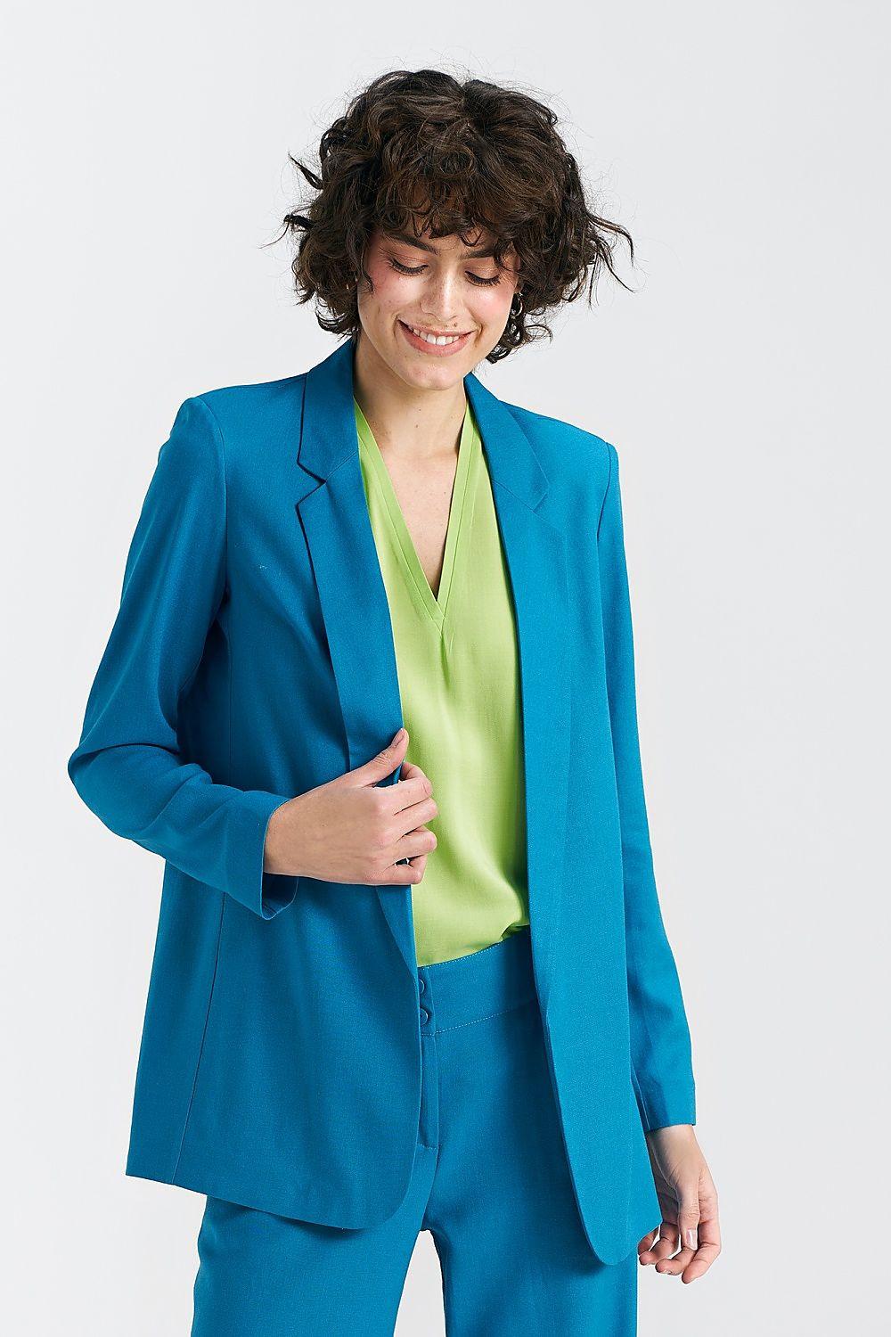 Women's loose-fit jacket in teal blue with notched lapel and long sleeves, front view
