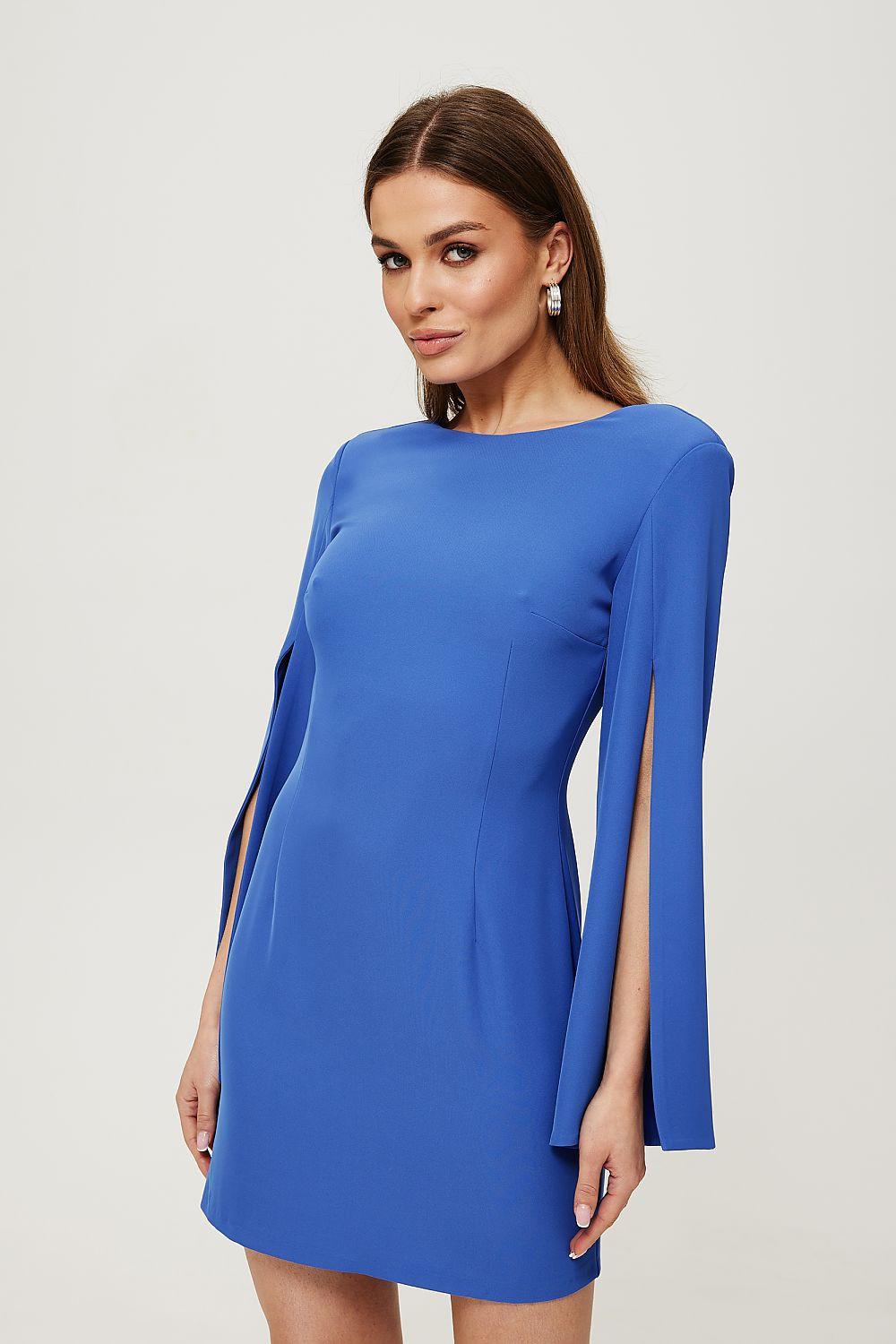 Blue Makover cocktail dress with long cape sleeves and side slit hem