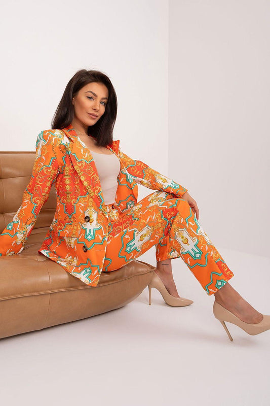 Orange patterned jacket and pants set with long sleeves and wide-leg trousers