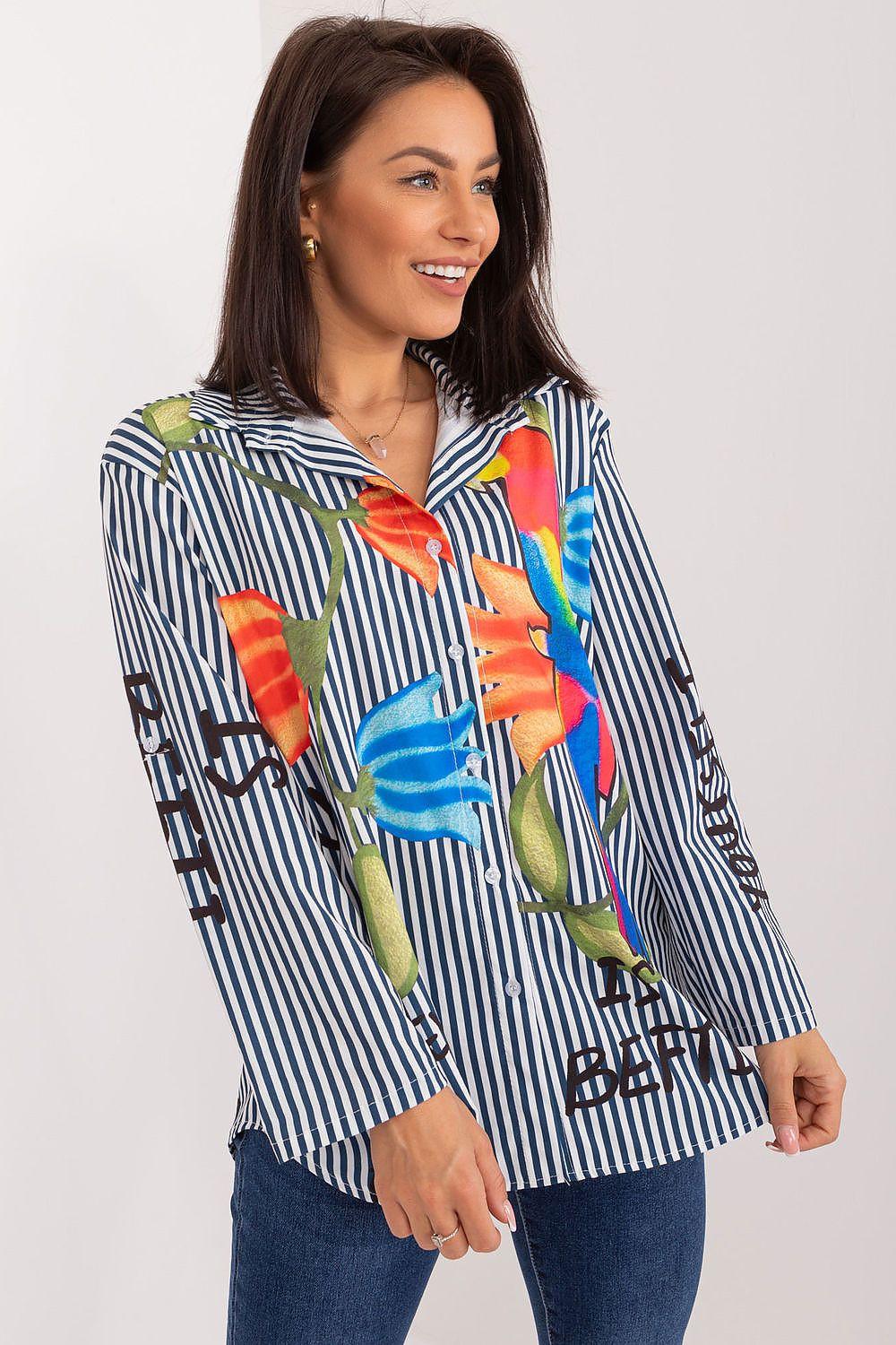 Long-sleeve striped floral shirt in blue and white, colorful abstract print, button front
