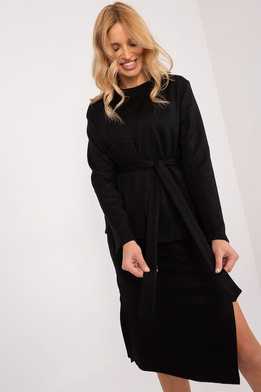 Black two-piece set with long-sleeve wrap blouse and belted skirt, midi length