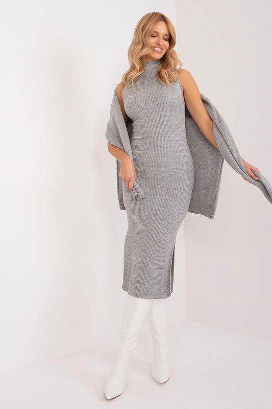 Grey knit sleeveless midi dress with side slit and draped long-sleeve cardigan