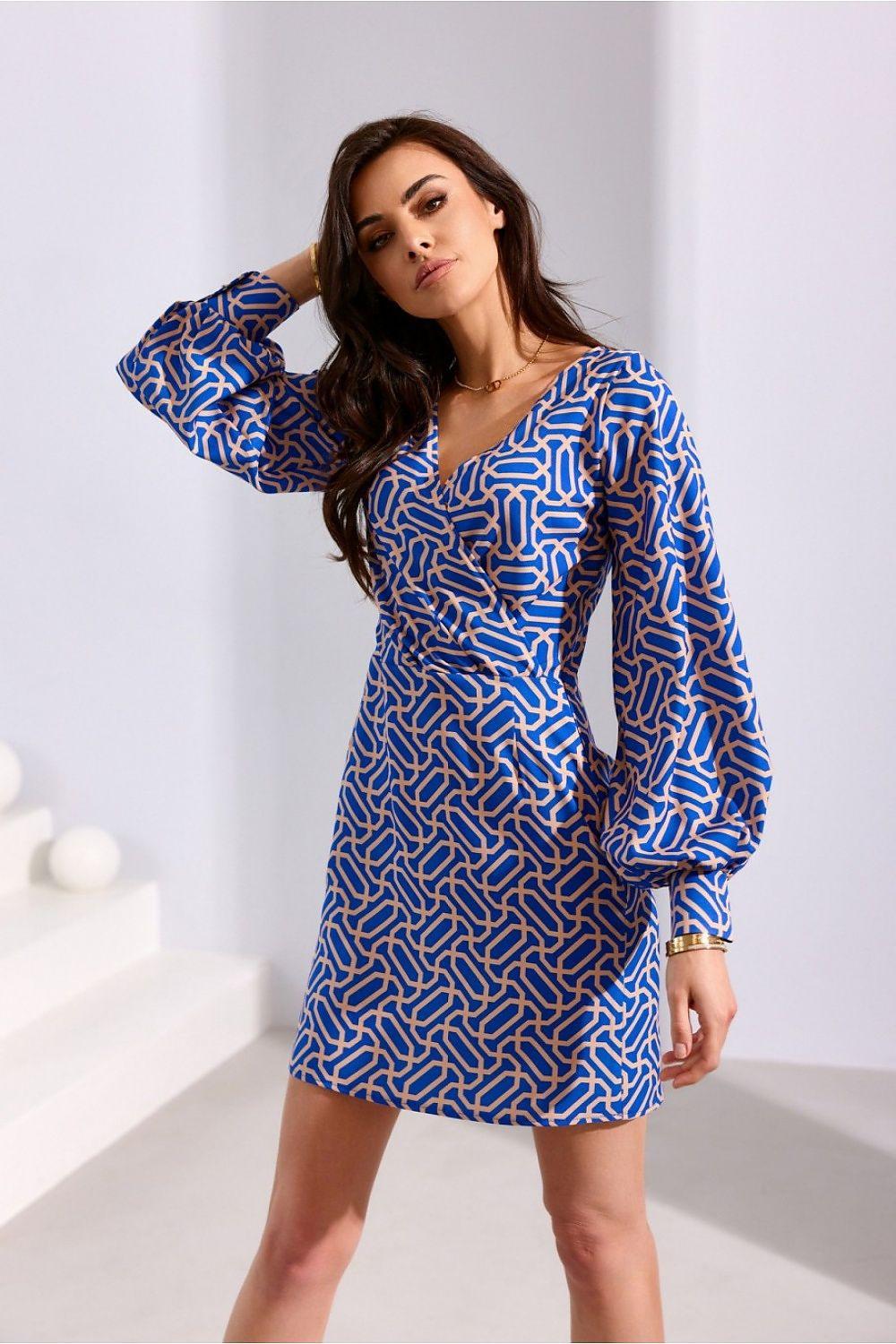 Blue patterned cocktail dress with V-neck, ruffled details, and balloon sleeves