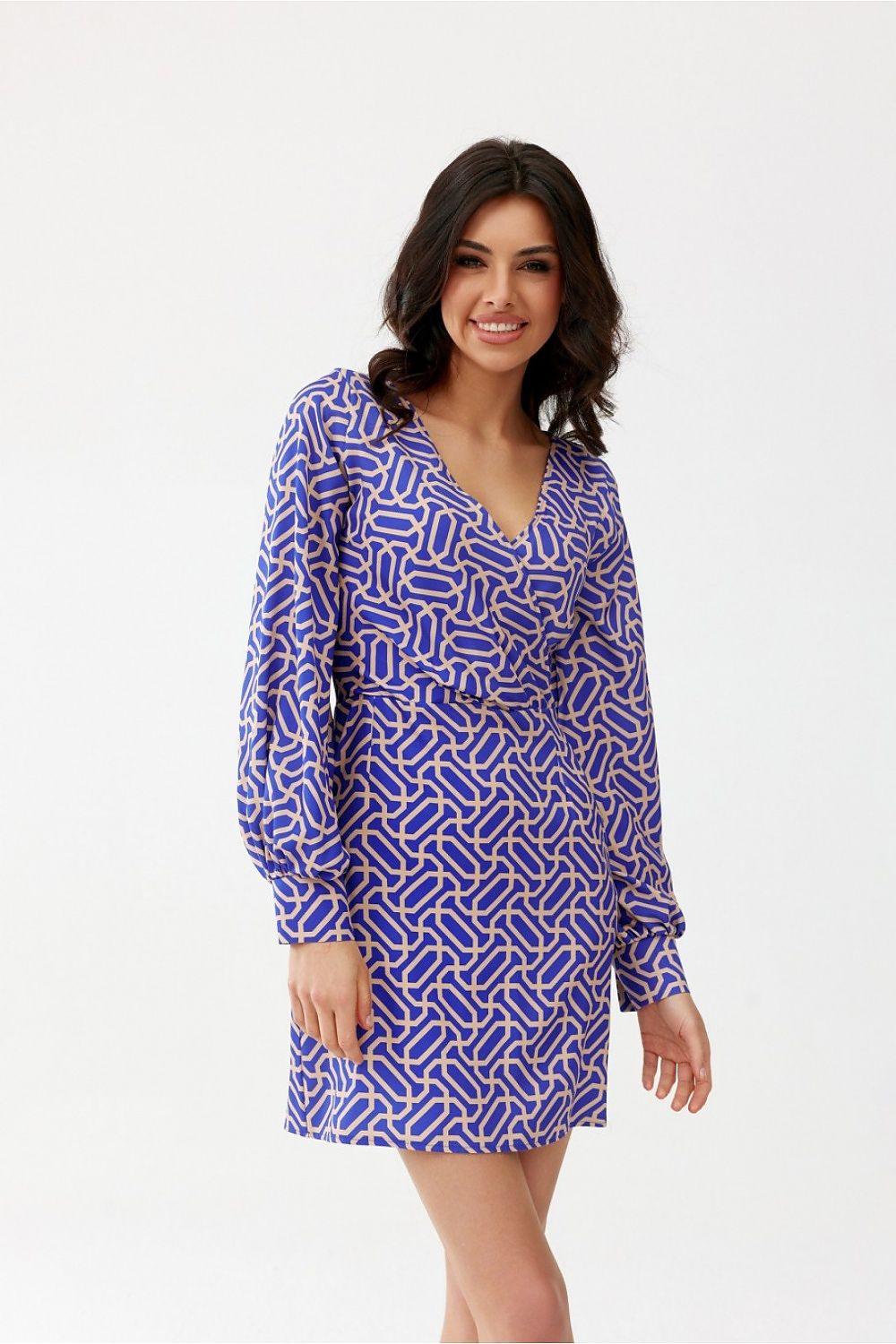 Blue geometric cocktail dress with V-neck and long balloon sleeves, shift fit