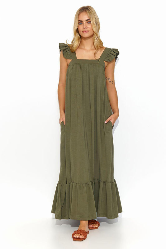 Olive green daydress with square neckline and ruffled cap sleeves, tiered hem