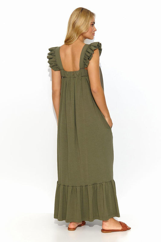 Olive green daydress back view with ruffled cap sleeves and tiered skirt