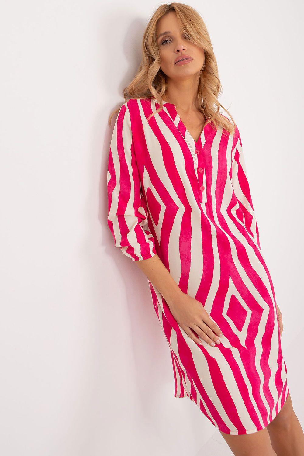 Pink striped daydress with V-neck and 3/4 sleeves