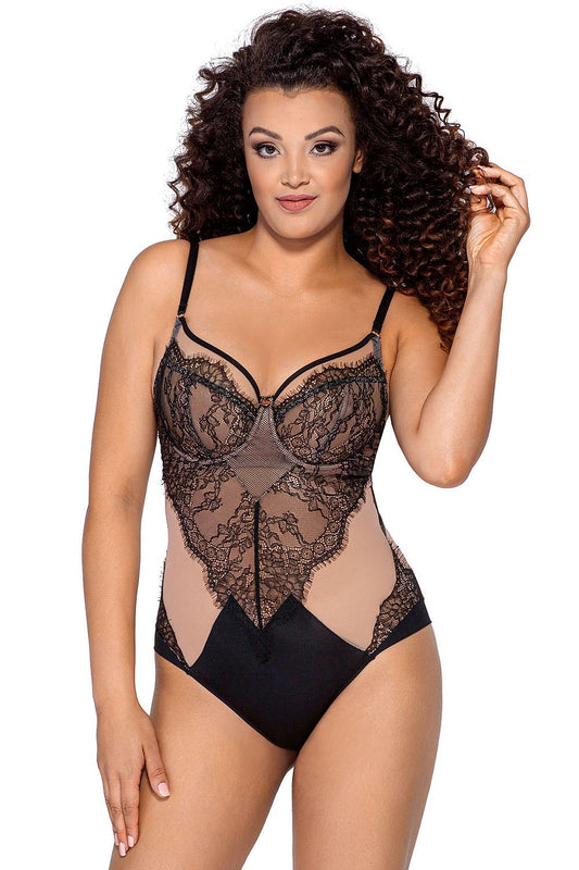 Black lace shapewear body with underwire cups and scalloped neckline