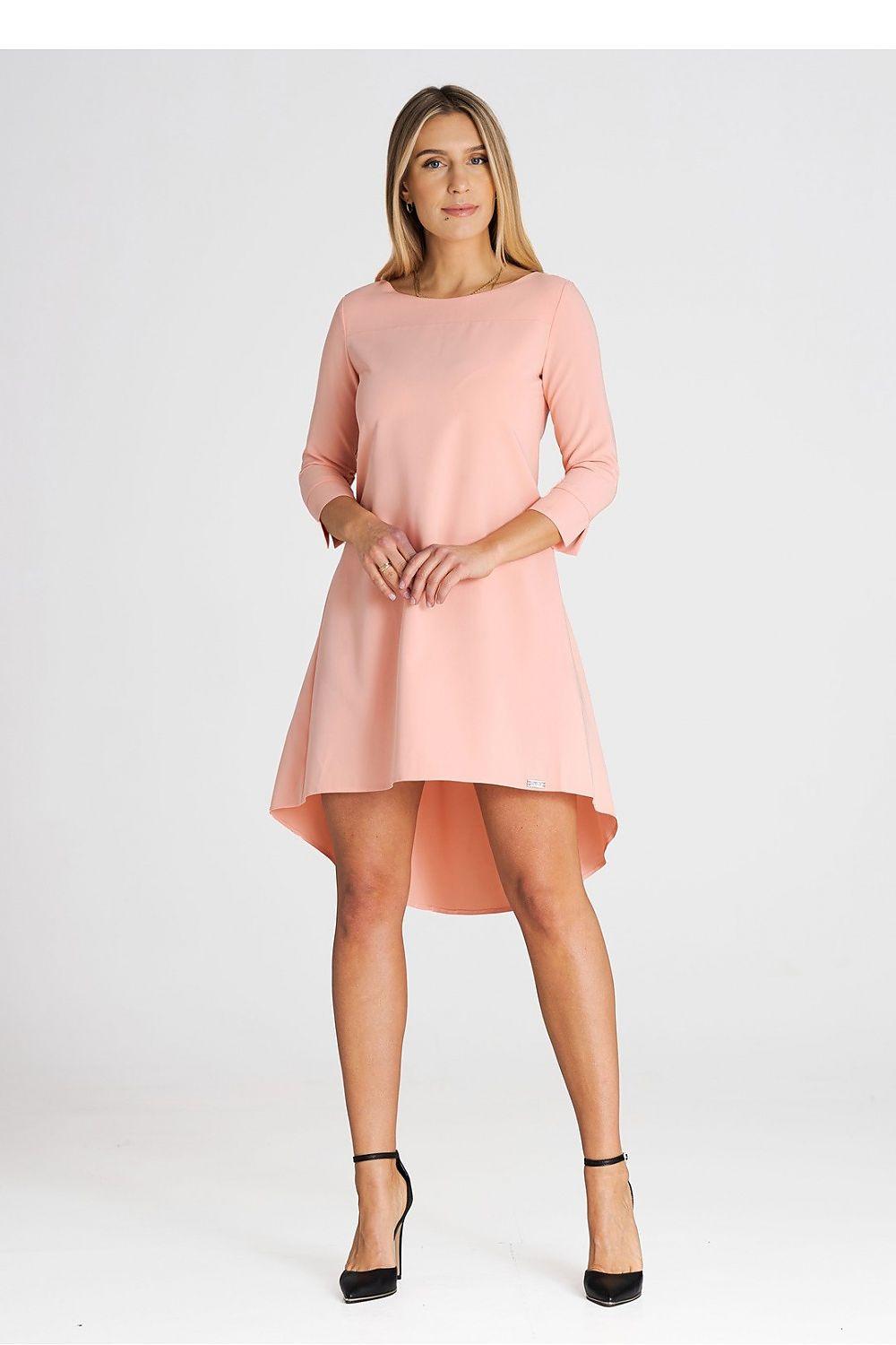 Pink cocktail dress with long sleeves and asymmetric hem