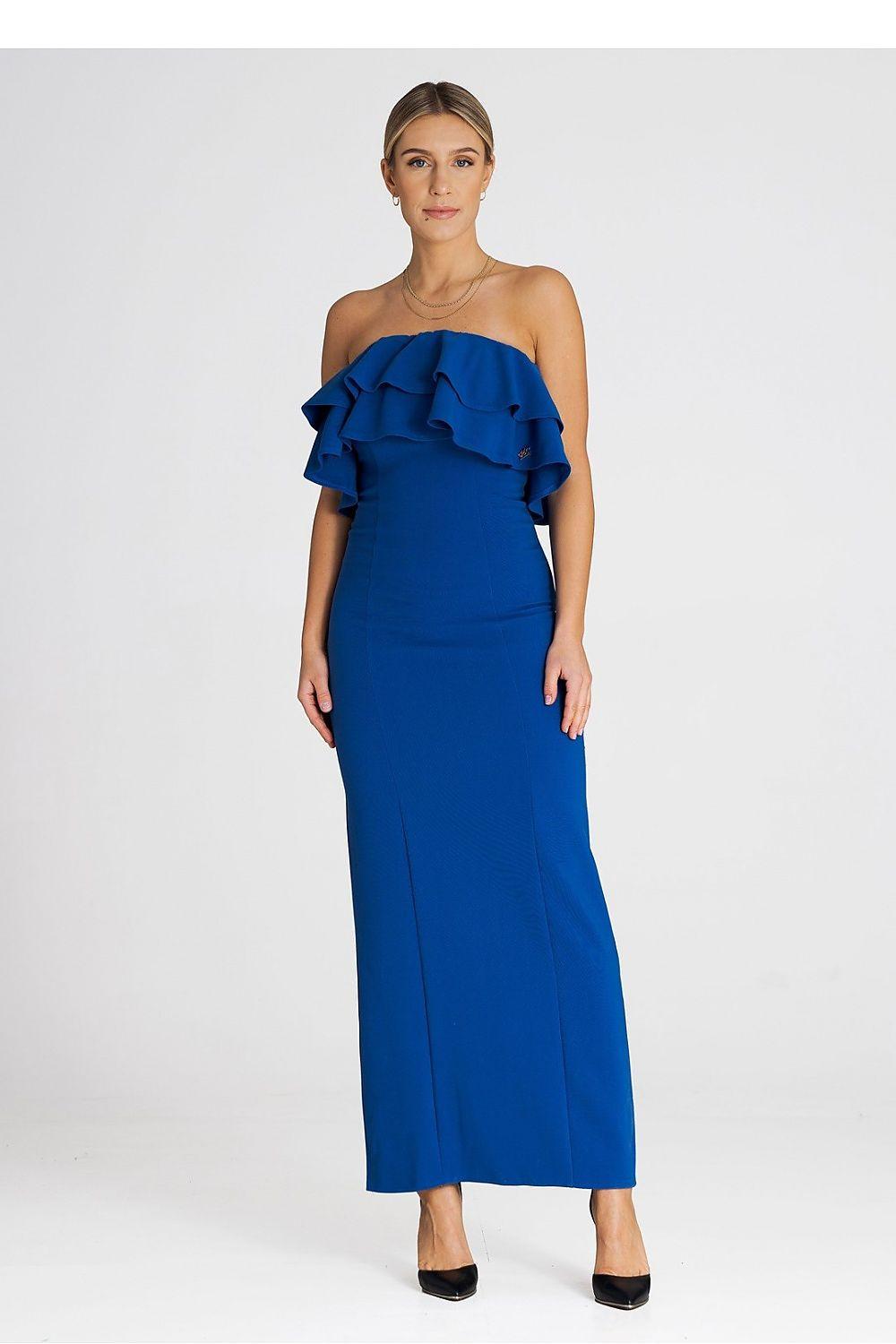 Blue cocktail dress with layered off-shoulder ruffle, fitted midi length