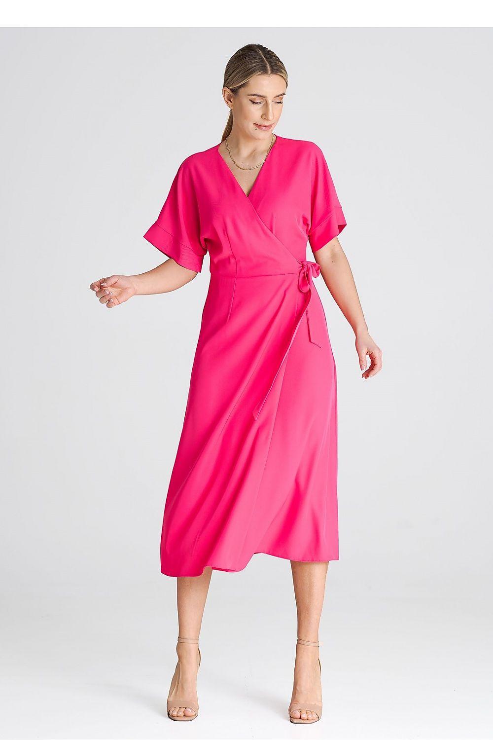 Pink wrap day dress with V-neck, short sleeves, and tied waist