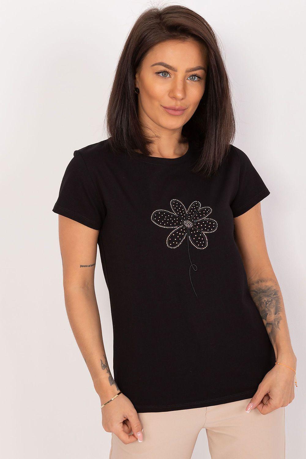Women's black cotton blouse with short sleeves and rhinestone flower detail