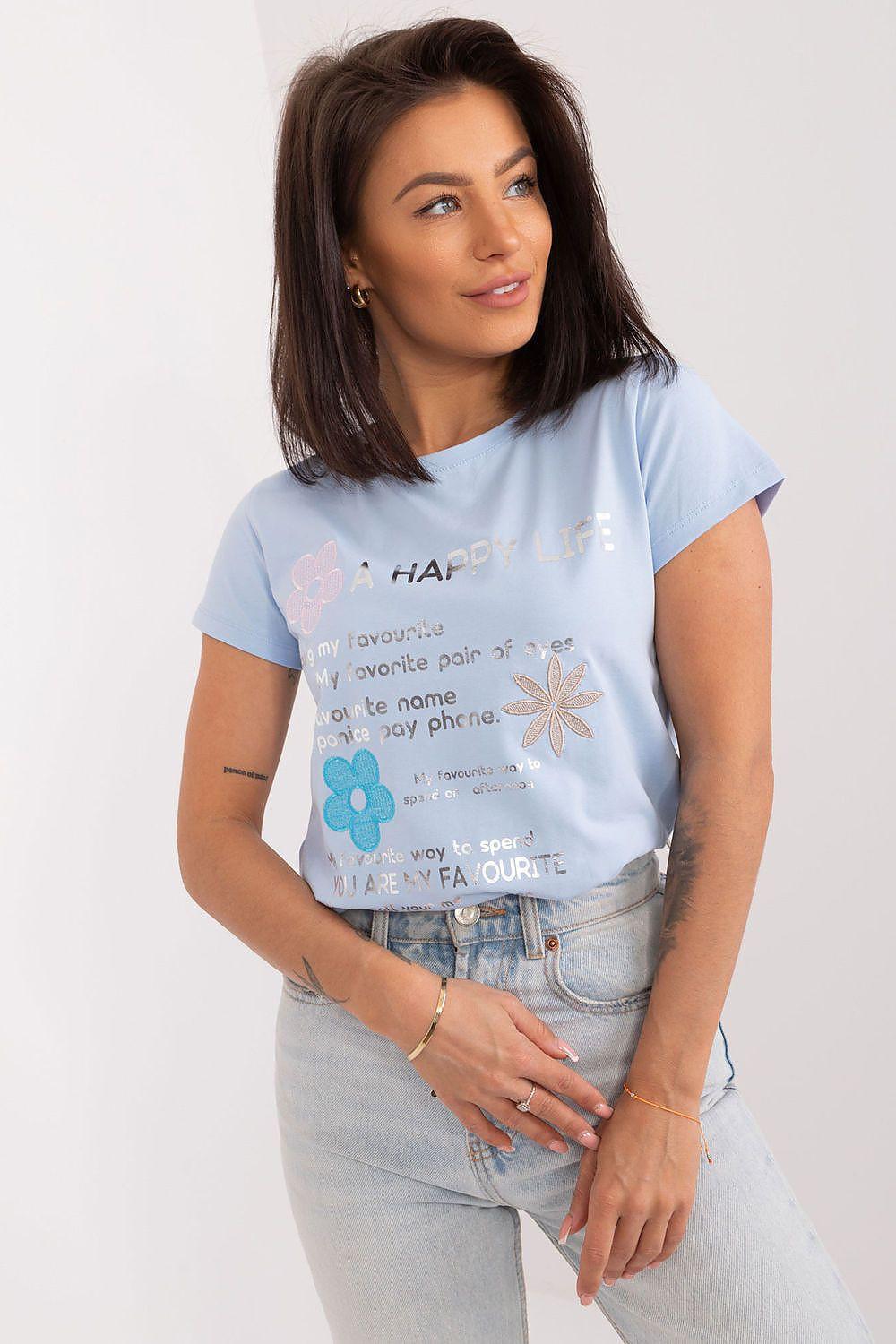 BFG cotton blouse in light blue with embroidered flowers and lettering graphic