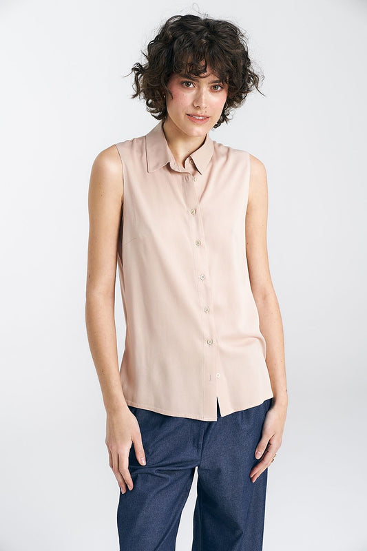 Beige sleeveless viscose shirt with classic collar and button-front