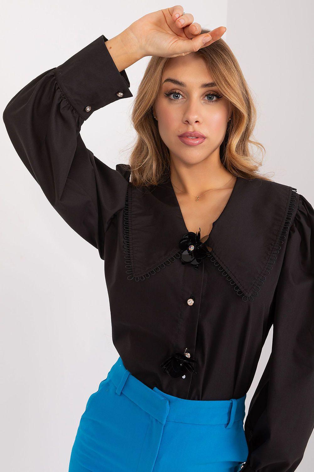 Black long-sleeve shirt with button front and pointed collar detail