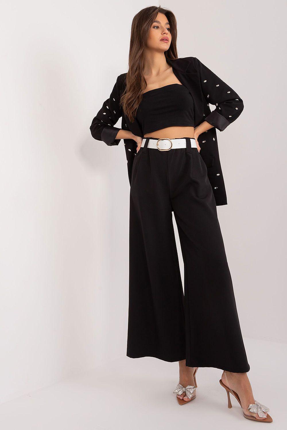 Women’s black wide-leg trousers with high waist and belt detail
