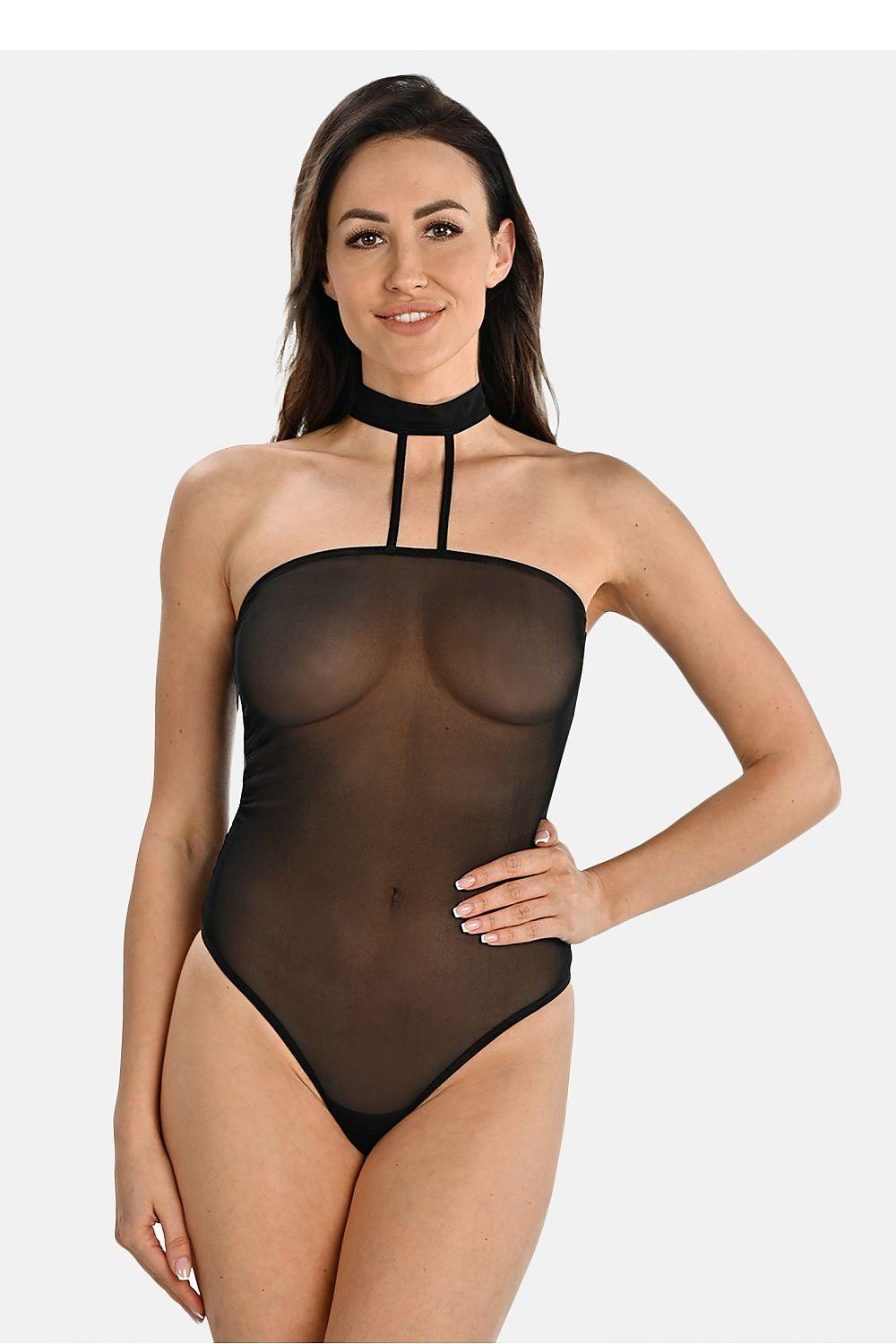 Black halter shapewear bodysuit with sheer front panel and thong bottom