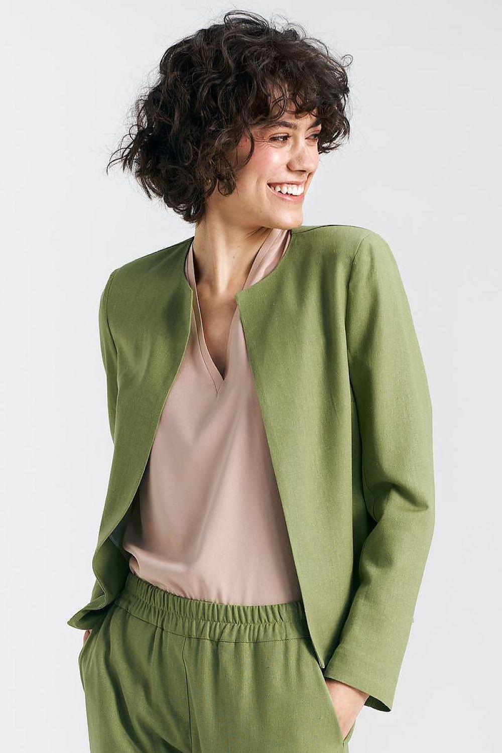 Women’s linen-blend jacket, green, open front, long sleeves