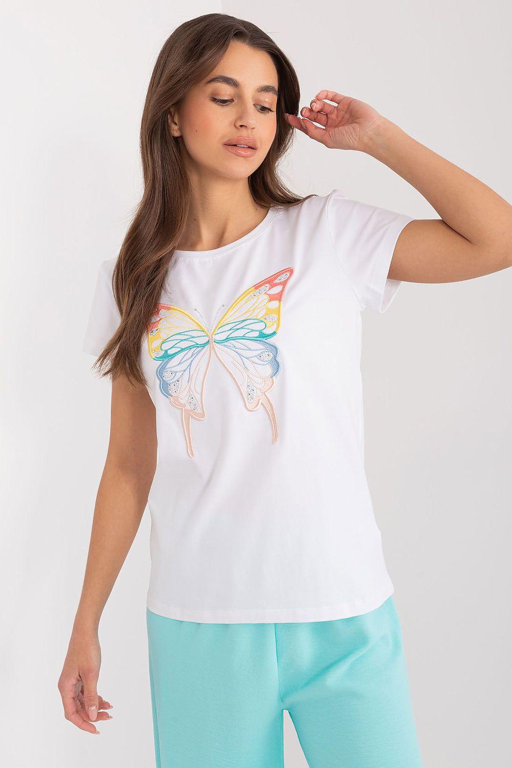 White blouse with butterfly appliqué and multicolor zircon accents, short sleeves