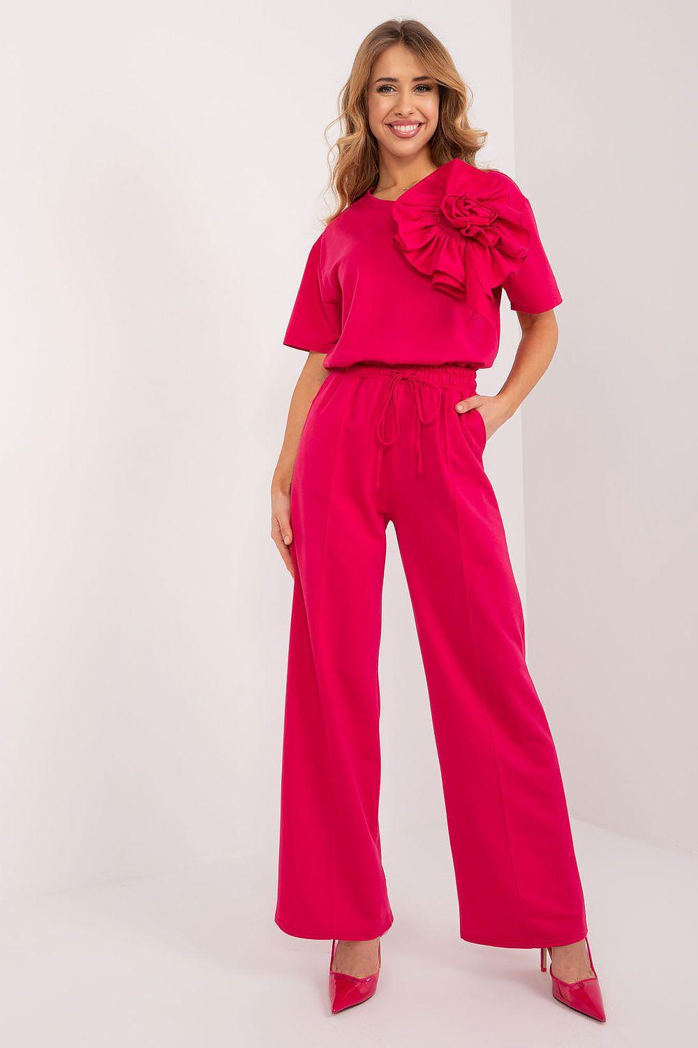 Women’s wide-leg trousers, pink, elastic waist with tie detail
