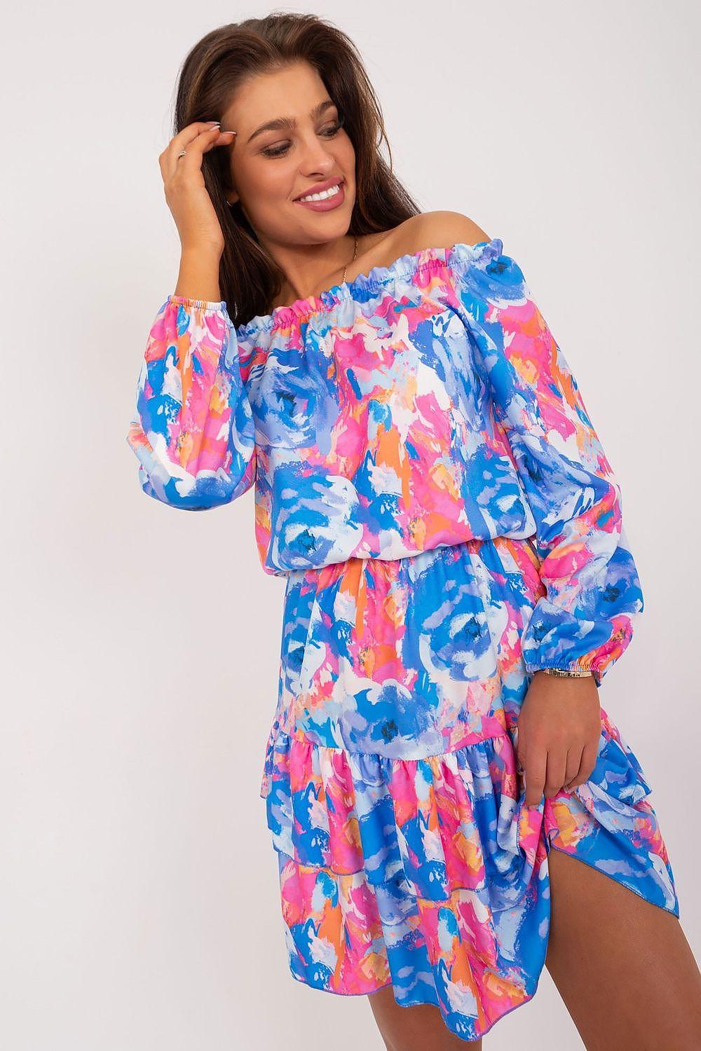 Multicolor off-shoulder daydress with ruffled tiers, long balloon sleeves, pink and blue pattern