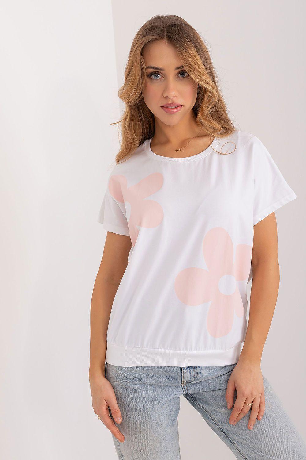 White floral cotton blouse with crew neck, short sleeves, pink and peach flower print