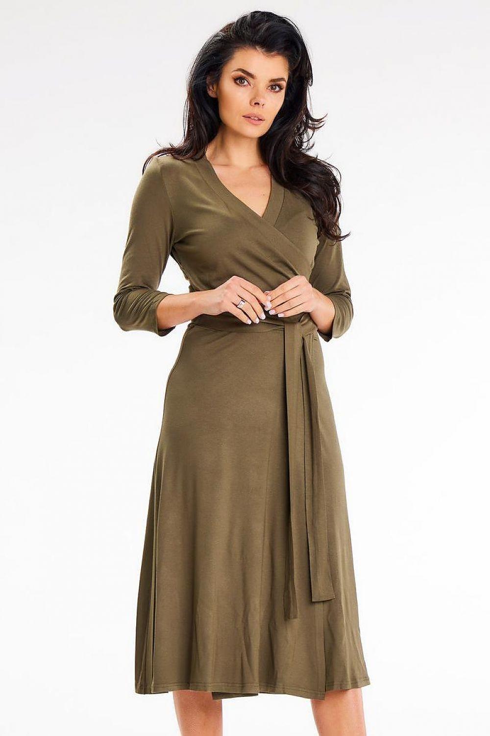Awama daydress, olive green V-neck wrap with tie waist and 3/4 sleeves