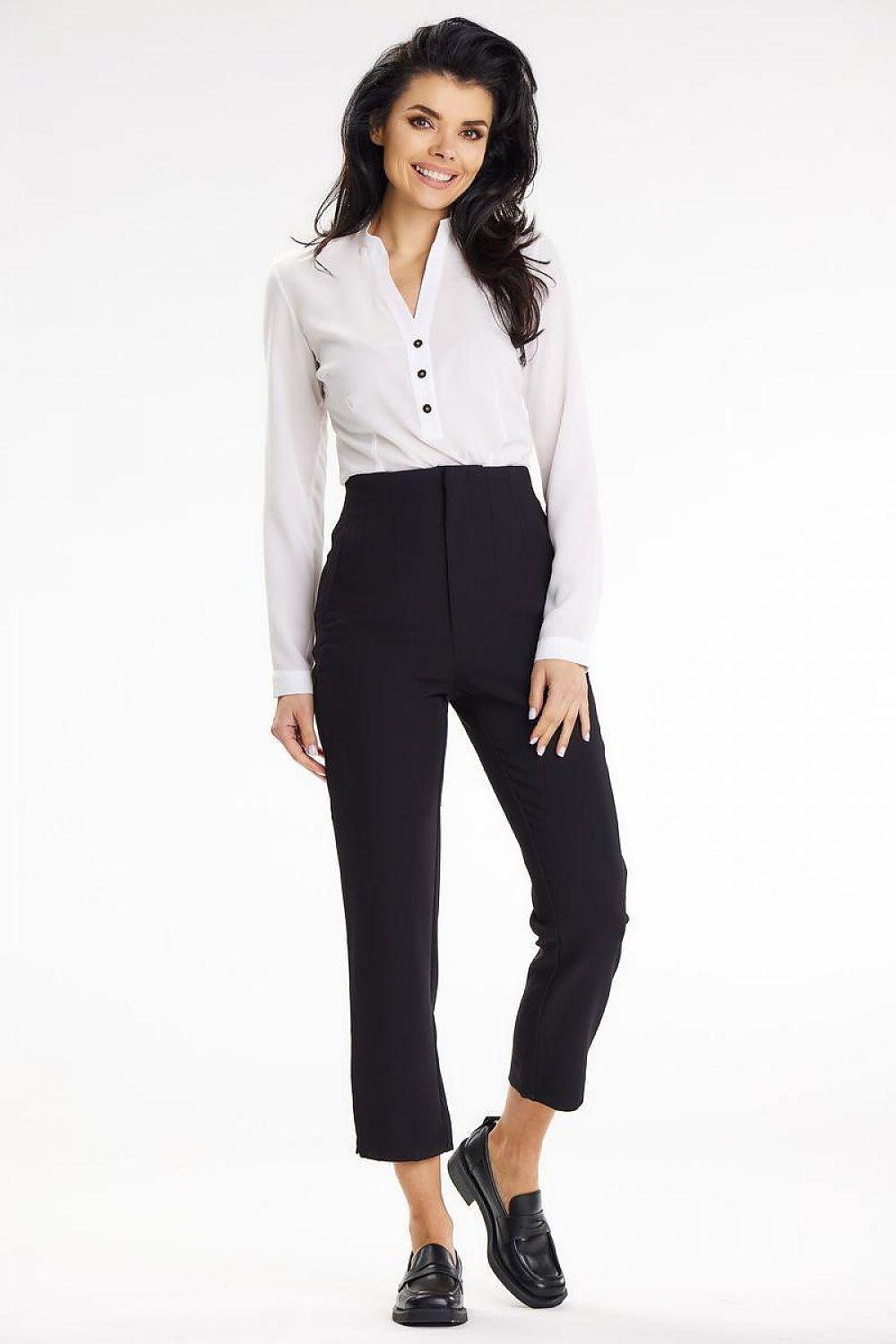 Awama model 195854 button-front blouse, white with stand collar and long sleeves
