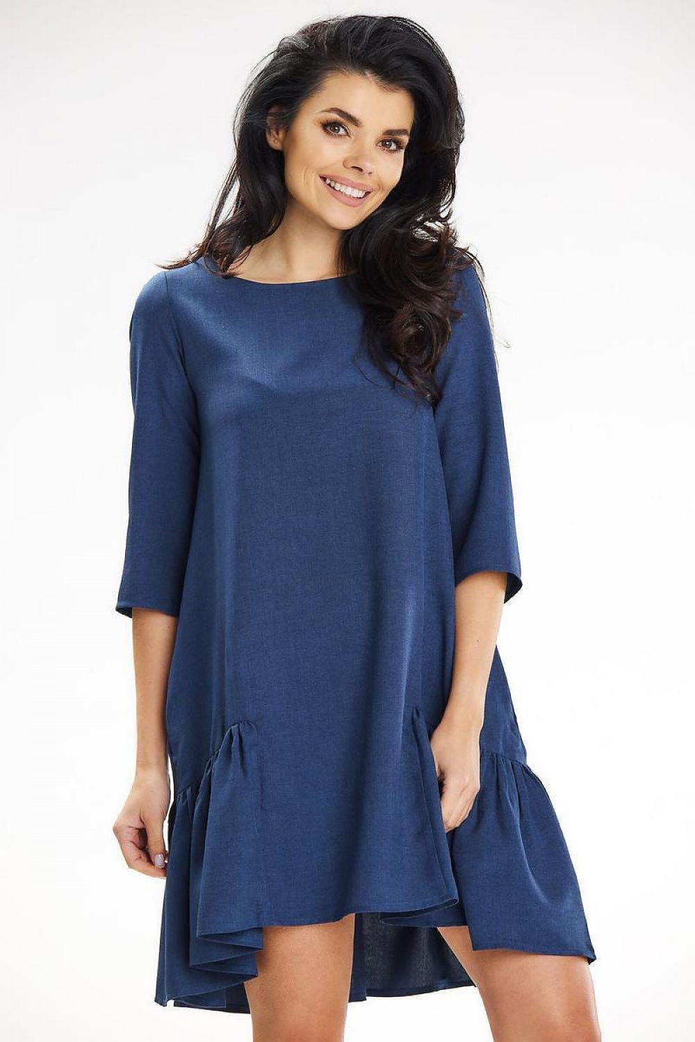Navy blue daydress with three-quarter sleeves and layered ruffle hem