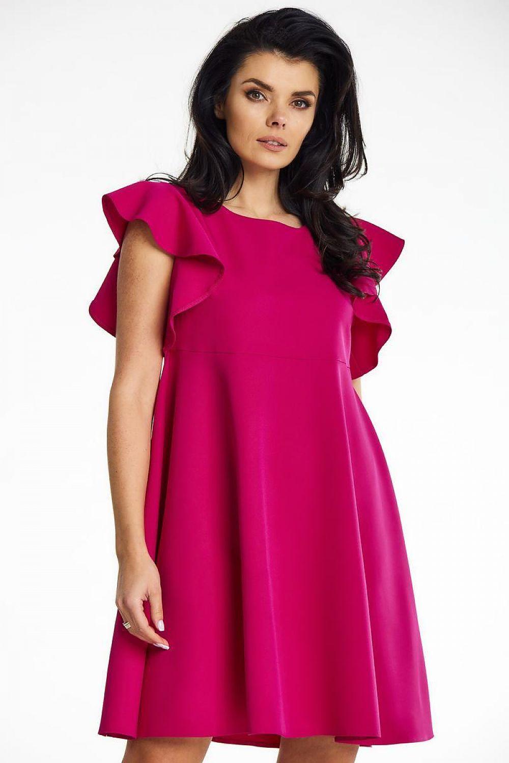Cocktail dress in fuchsia pink with ruffled cap sleeves and flared skirt