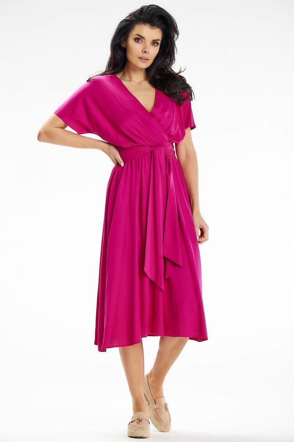 Pink V-neck day dress with waist tie, short sleeves, and midi length