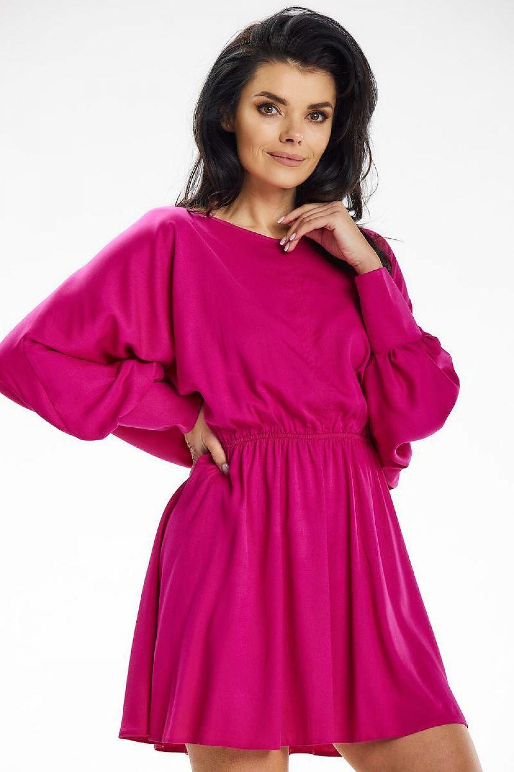 Awama pink daydress with long puff sleeves and gathered waist, round neckline