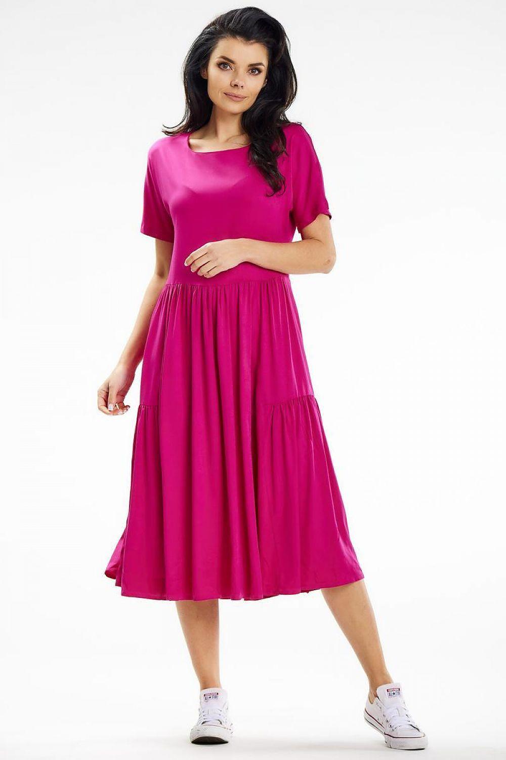 Pink daydress with short sleeves and tiered mid-length skirt