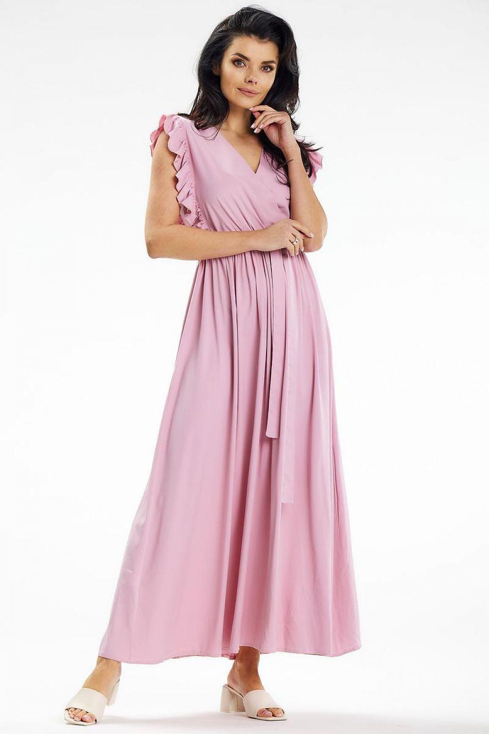 Awama pink daydress with V-neck, ruffled shoulders, and gathered waist tie