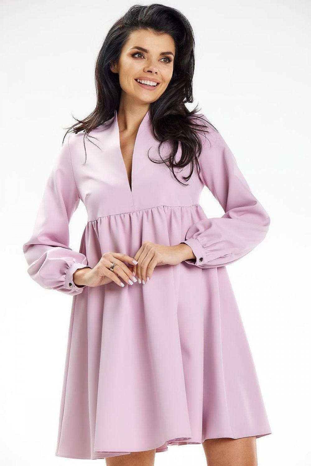Pink daydress with V-neck, long gathered sleeves, and gathered waist, knee-length