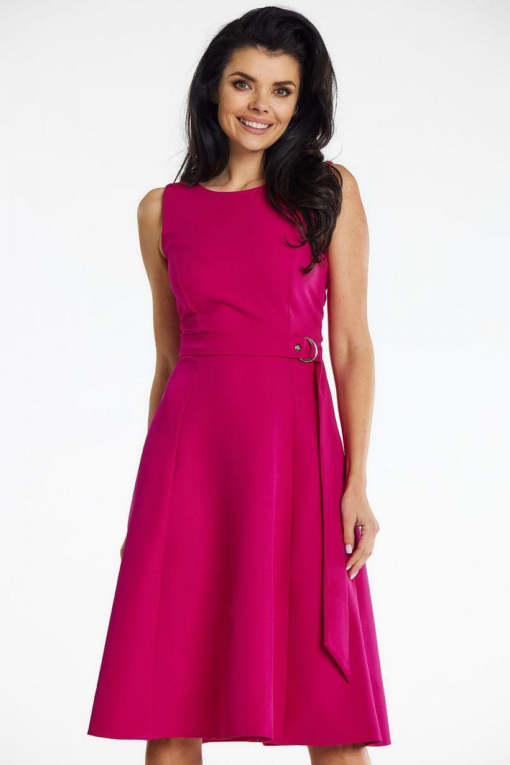 Pink sleeveless daydress with round neckline and waist belt detail