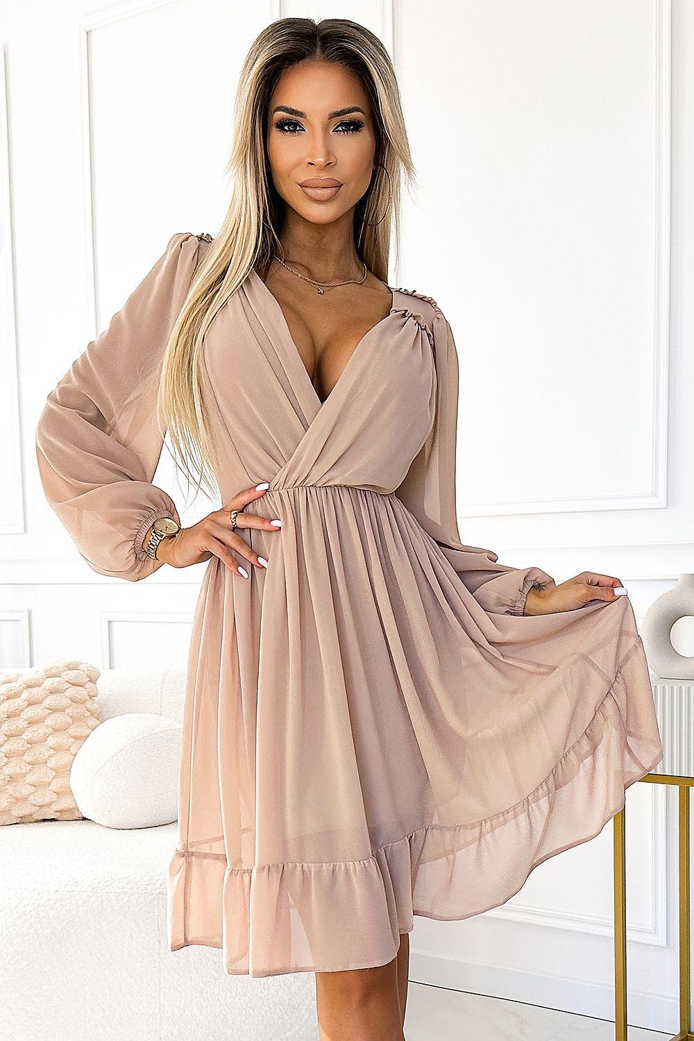 Beige cocktail dress with long puff sleeves, V-neck, and gathered skirt