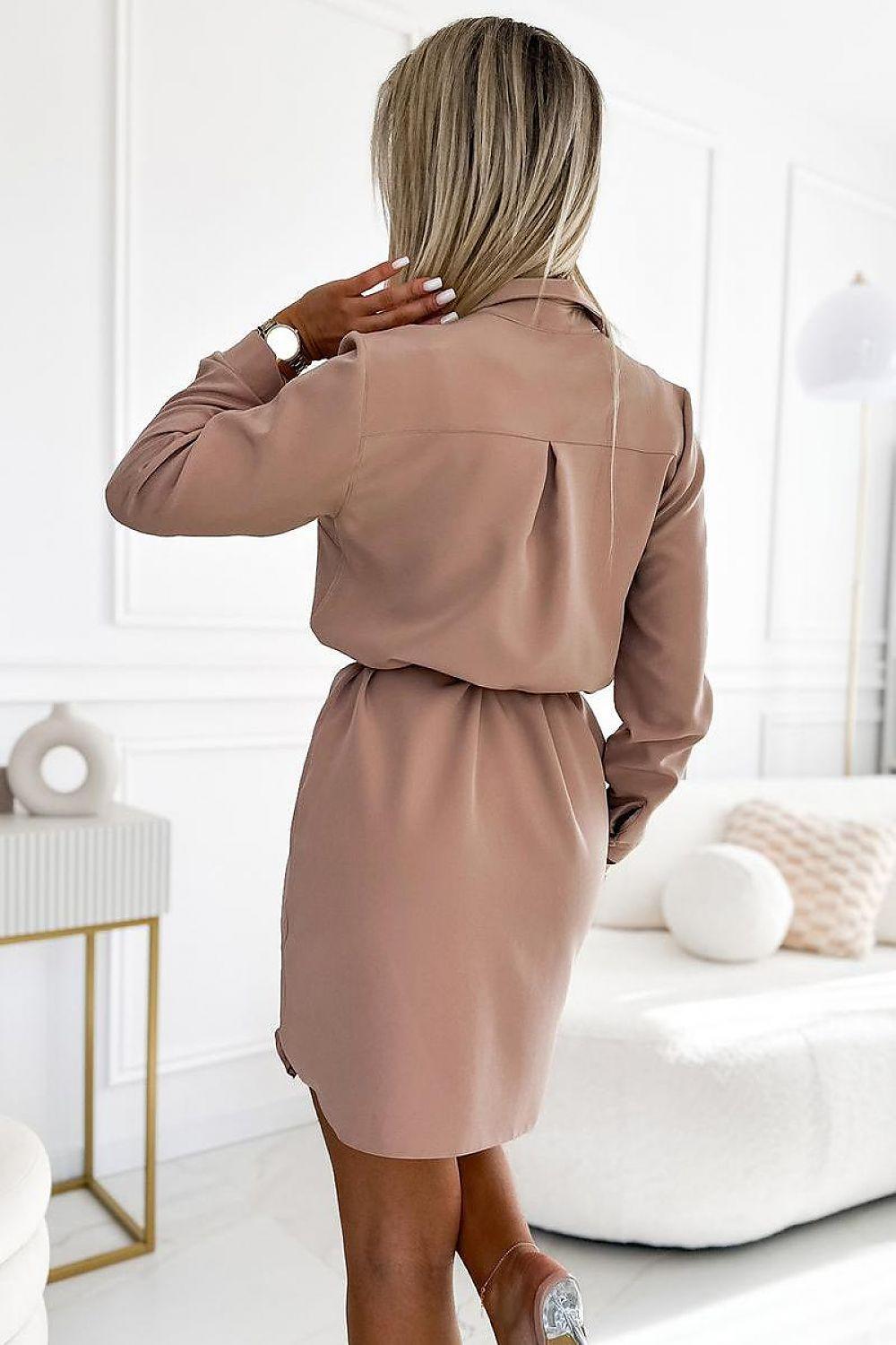 Numoco model 137227 shirt daydress, beige-brown, long sleeves, tie belt, back view