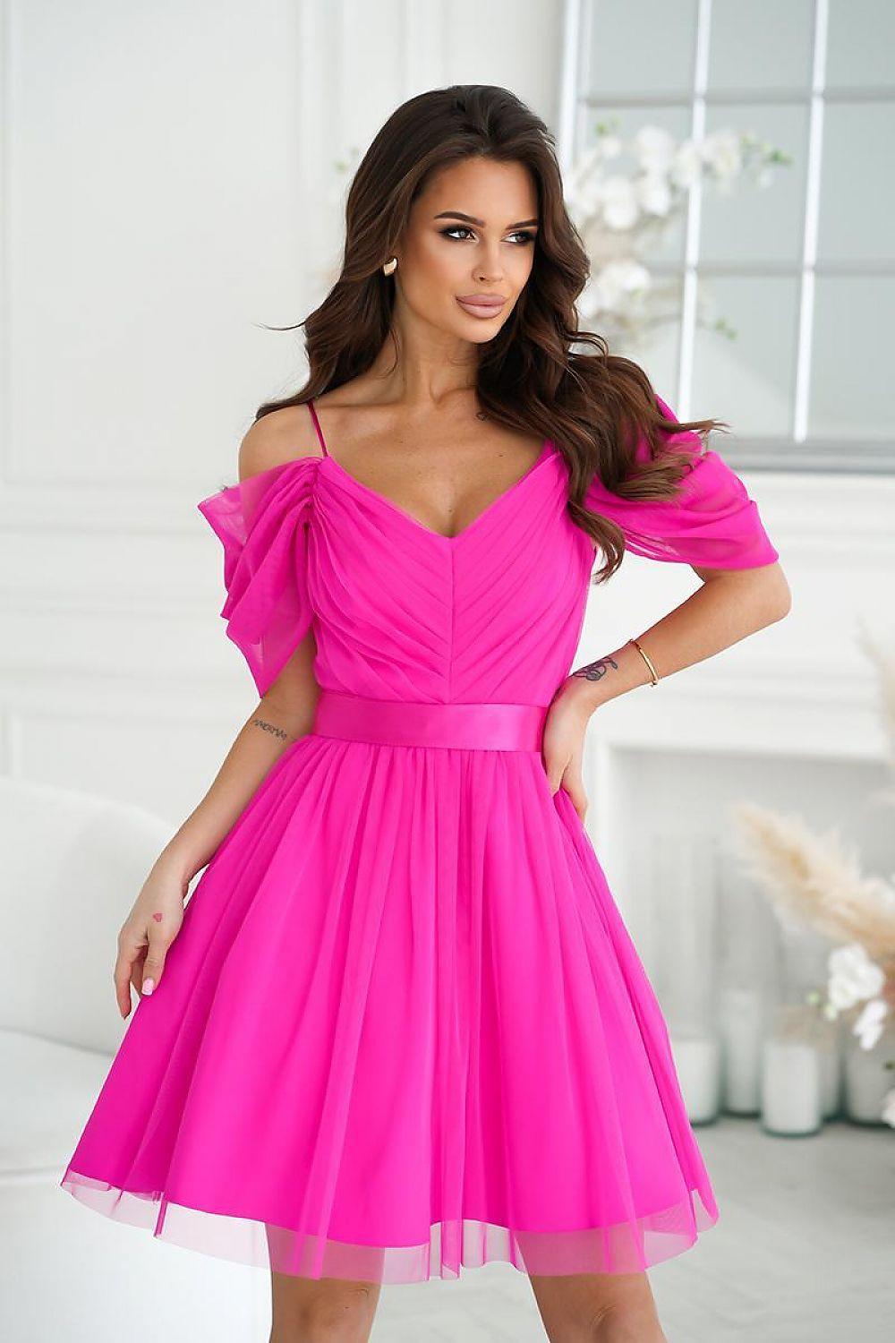 Bright pink off-shoulder evening dress with puff sleeves and V-neck, pleated skirt