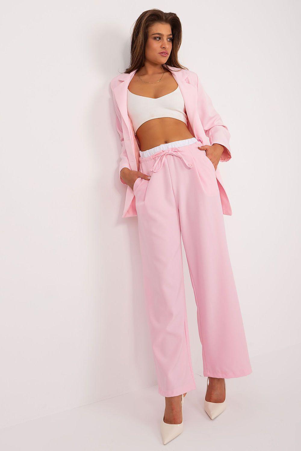 Women's pink wide-leg trousers with elastic waist and drawstring, full length