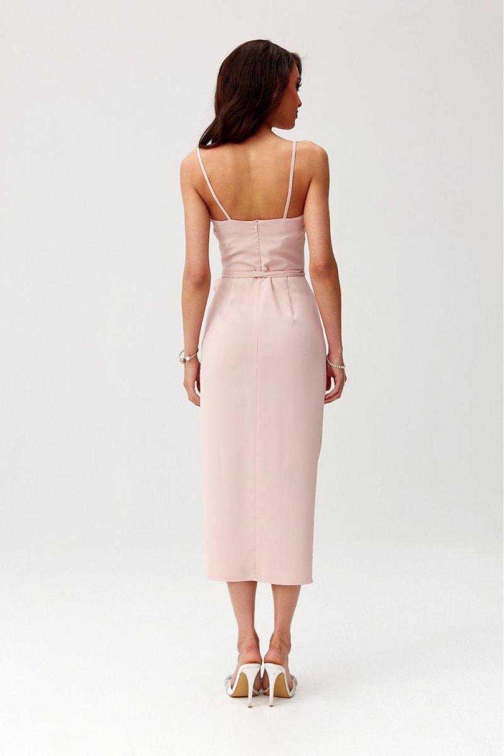 Pink midi cocktail dress, back view, ruched waist with spaghetti straps