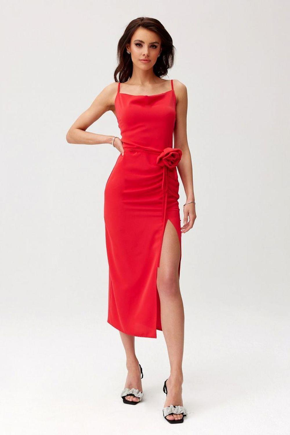 Red midi cocktail dress with rose detail at hip and side slit