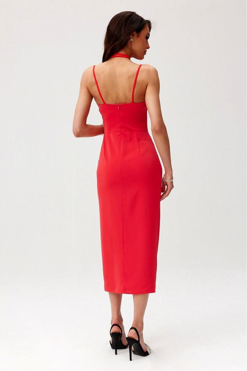 Red midi cocktail dress, back view, spaghetti straps and side slit