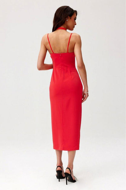 Red midi cocktail dress, back view, spaghetti straps and side slit