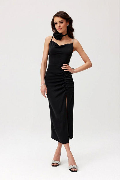 Black midi cocktail dress with ruched waist and side slit