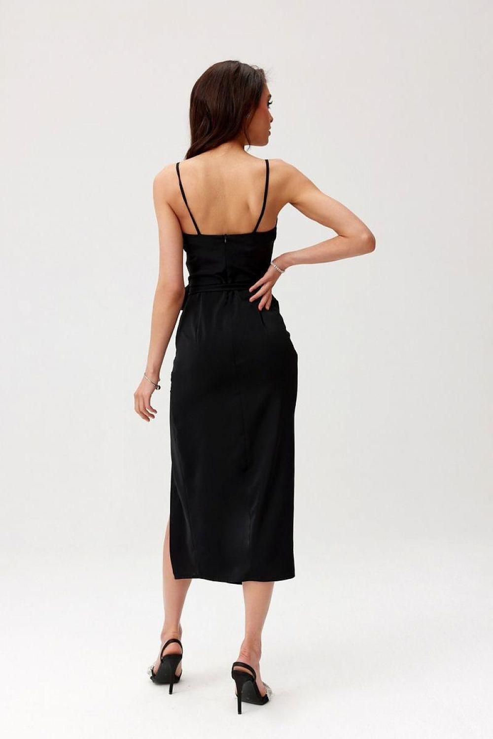 Black midi cocktail dress, back view, spaghetti straps and side slit
